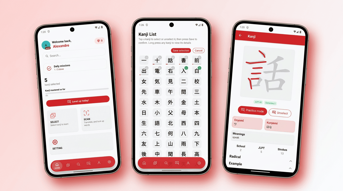 Kanji Up app screens: kanji selection, drawing practice, and evaluation results